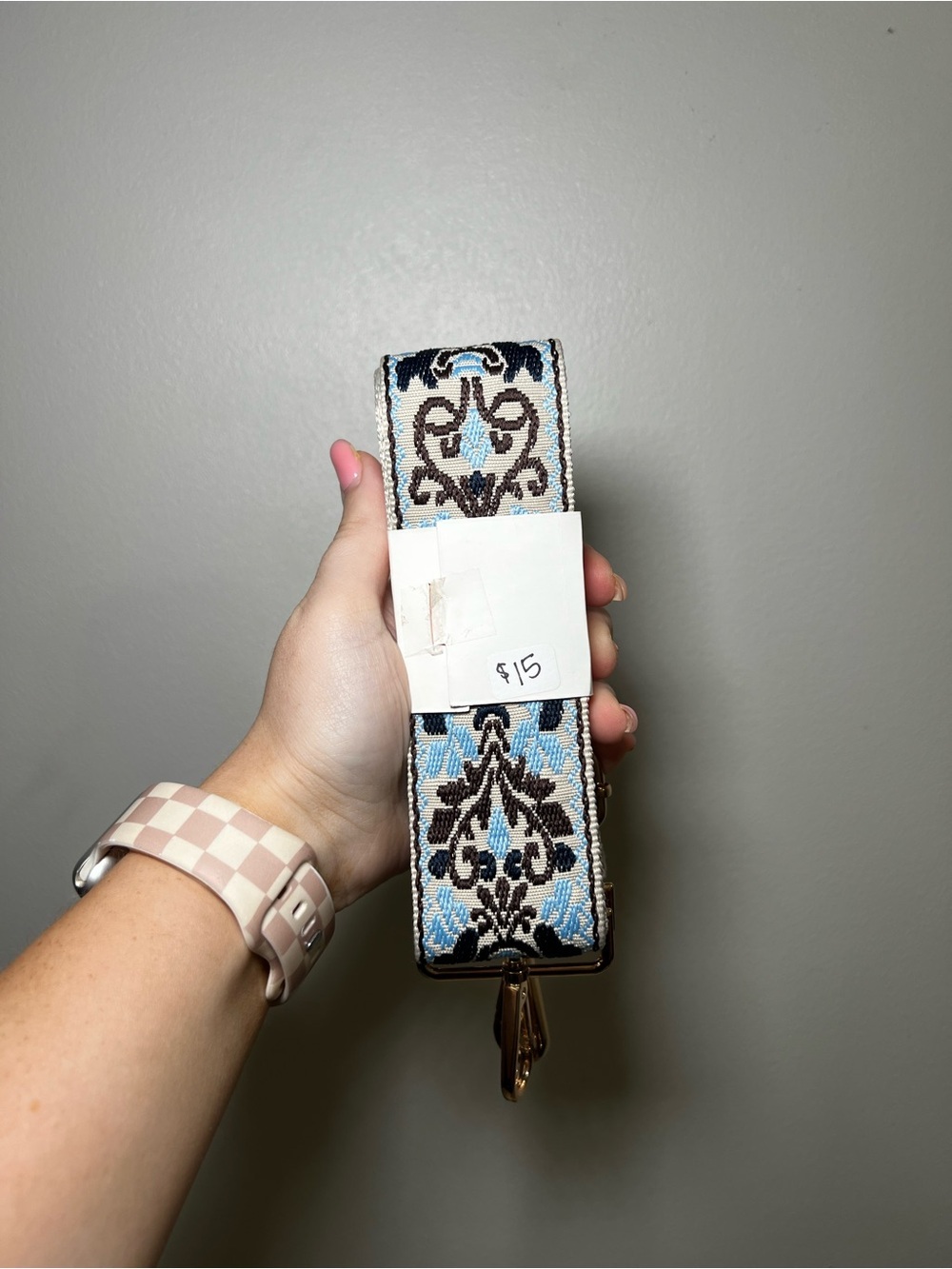 Adjustable Floral Jacquard Bag Strap in Light Blue & Brown - Picture 2 of 2